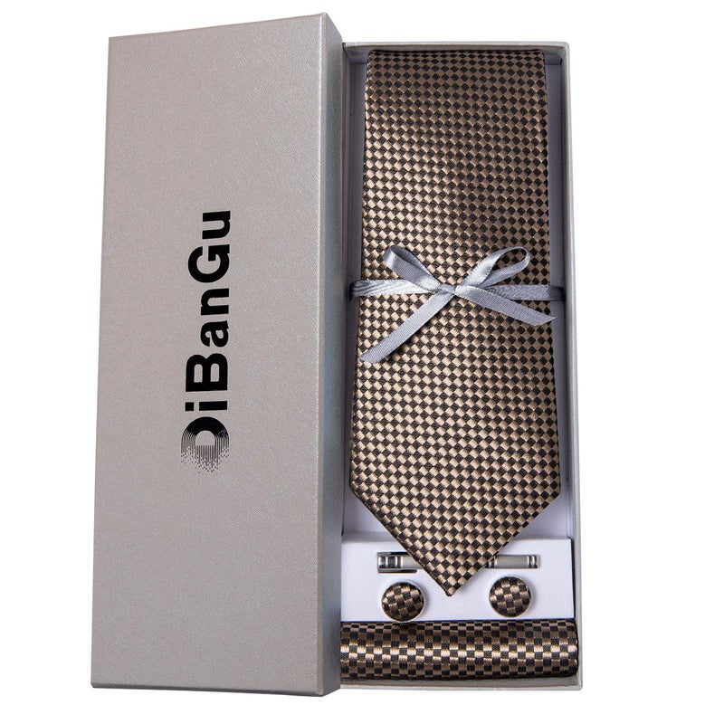 DiBanGu Plaid Ties for Men Silk Checkered Necktie and Pocket Square Cufflinks Tie Clip Set with Gift Box for Wedding Business, Brown - Image 3